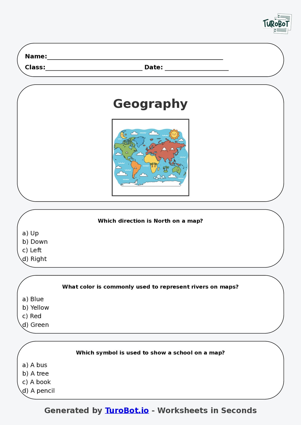 Year 3 Geography Multiple Choice Worksheet – Reading Simple Maps