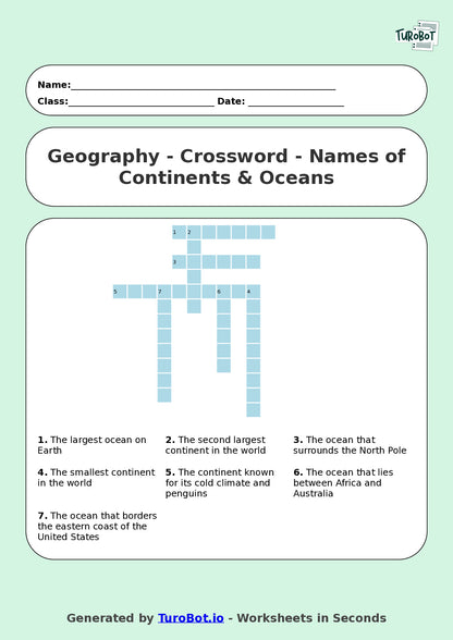 Year 4 Geography Crossword Worksheet – Names of Continents & Oceans