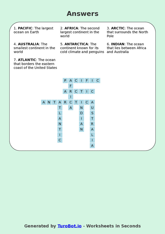 Year 4 Geography Crossword Worksheet – Names of Continents & Oceans