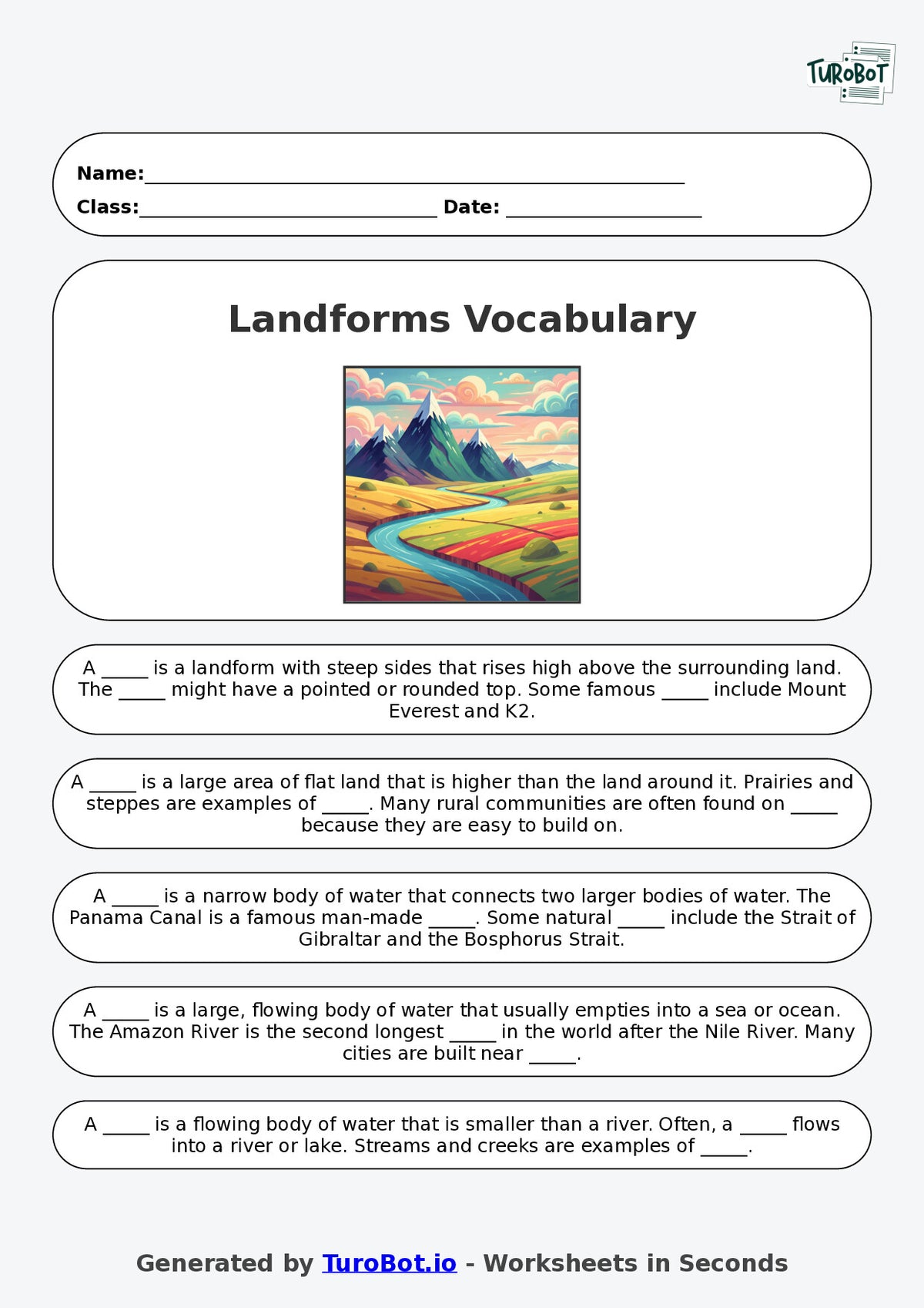 Year 4 Geography Fill in the Blanks Worksheet – Landforms Vocabulary