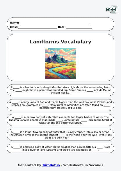 Year 4 Geography Fill in the Blanks Worksheet – Landforms Vocabulary