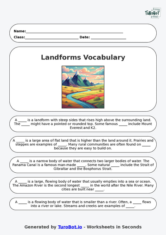 Year 4 Geography Fill in the Blanks Worksheet – Landforms Vocabulary