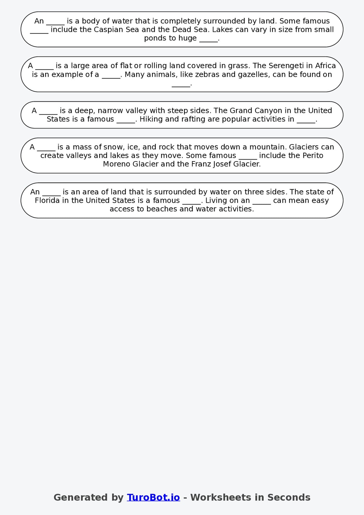 Year 4 Geography Fill in the Blanks Worksheet – Landforms Vocabulary