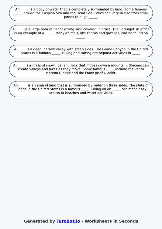 Year 4 Geography Fill in the Blanks Worksheet – Landforms Vocabulary