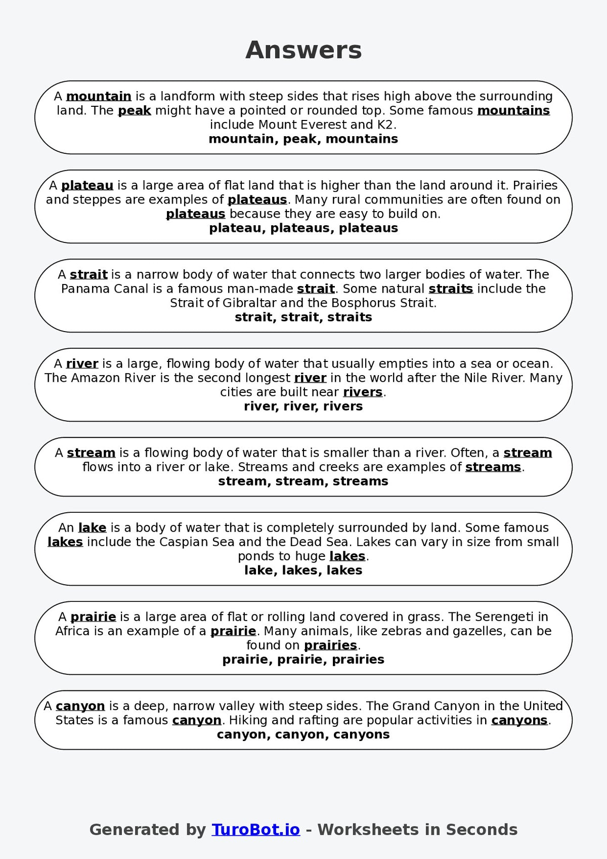 Year 4 Geography Fill in the Blanks Worksheet – Landforms Vocabulary