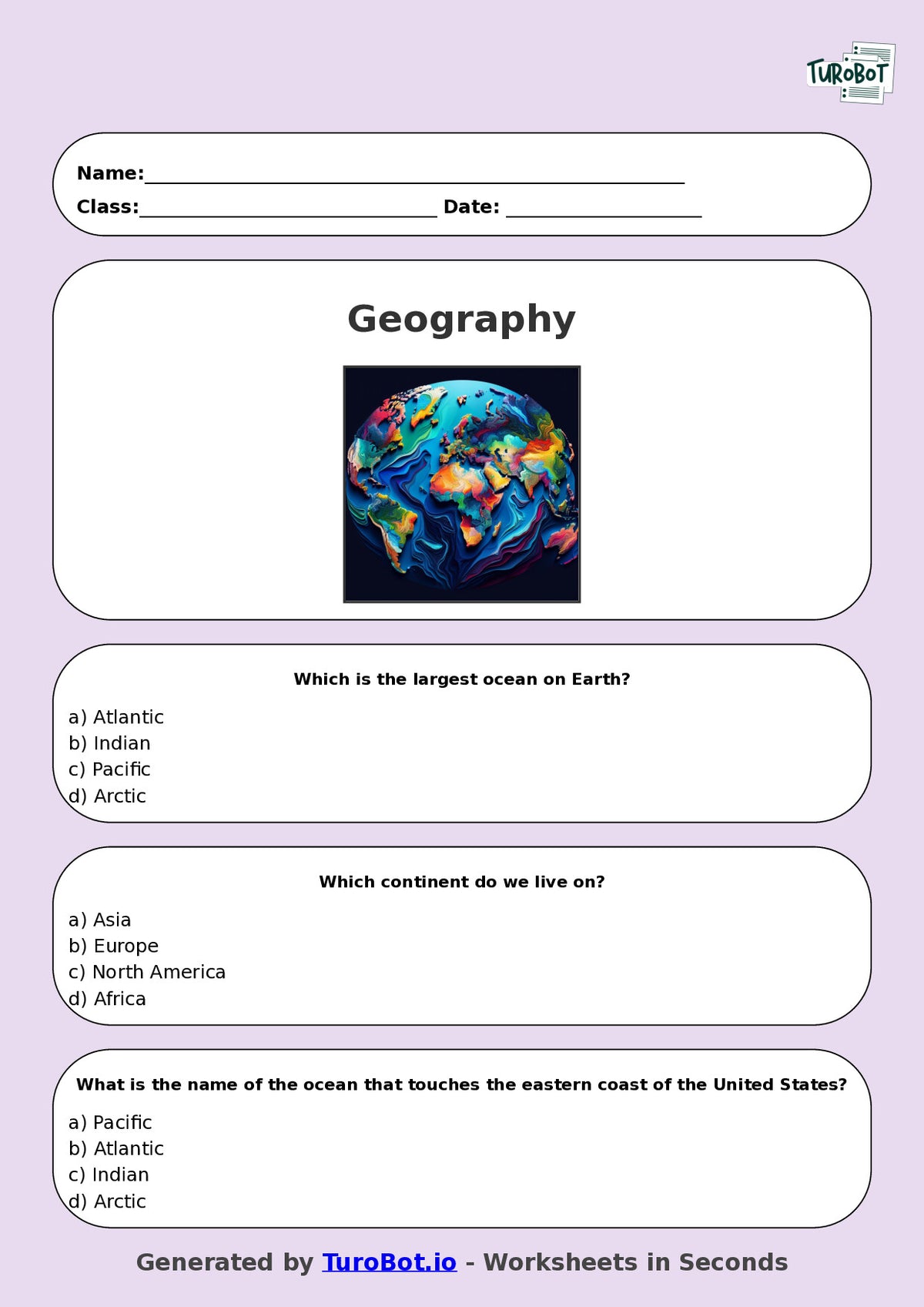 Year 4 Geography Multiple Choice Worksheet – Continents and Oceans