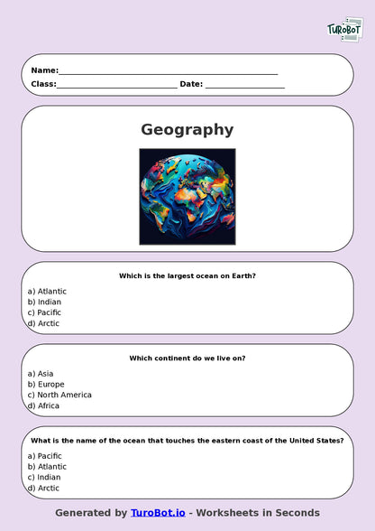 Year 4 Geography Multiple Choice Worksheet – Continents and Oceans