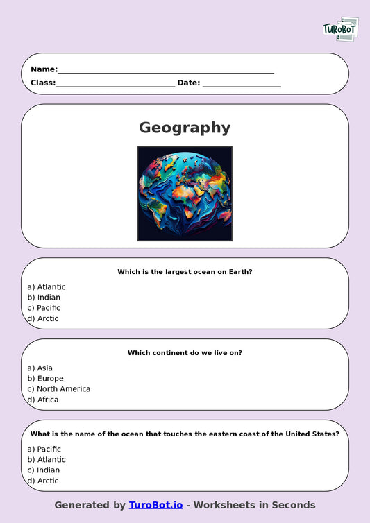 Year 4 Geography Multiple Choice Worksheet – Continents and Oceans