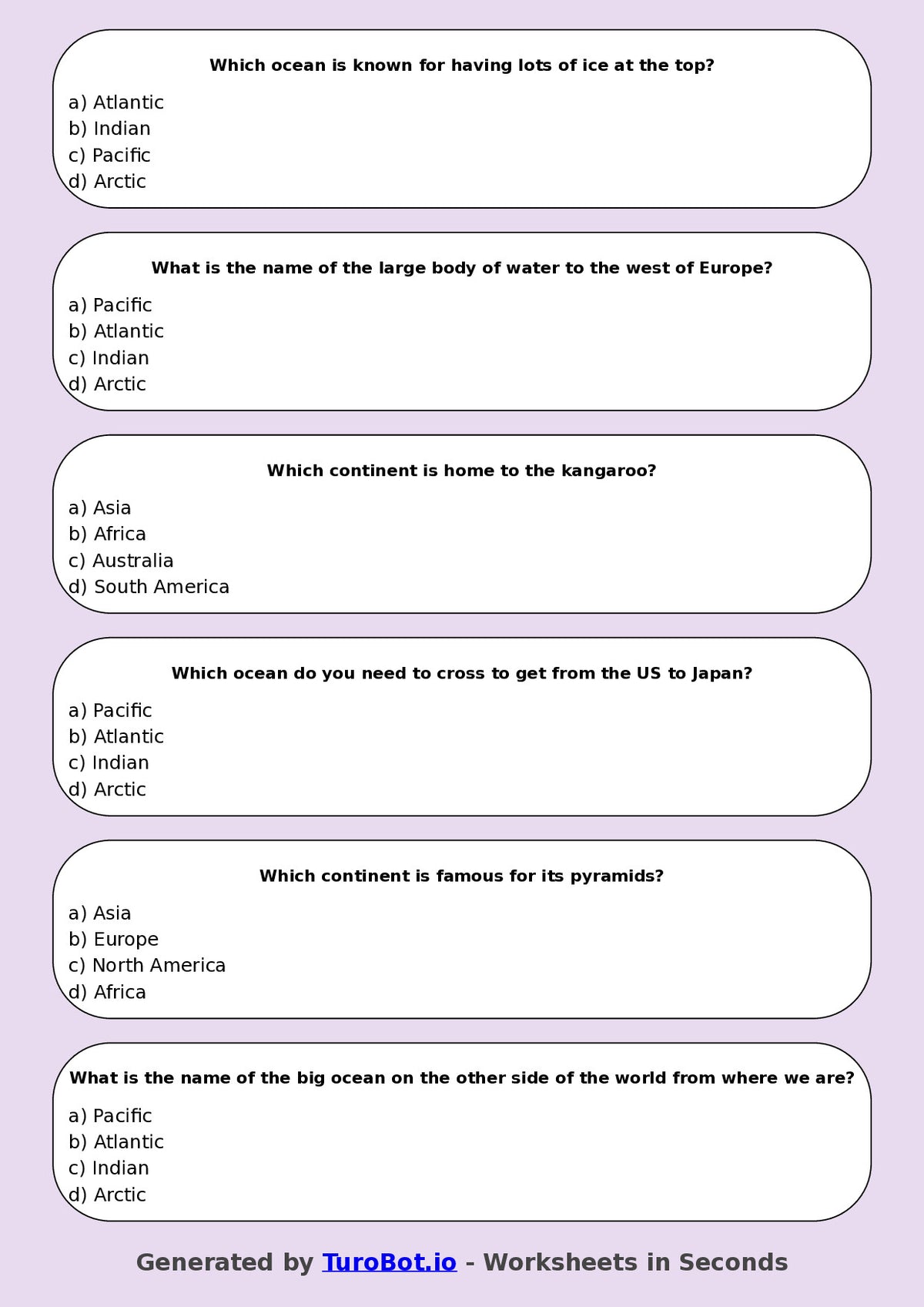 Year 4 Geography Multiple Choice Worksheet – Continents and Oceans
