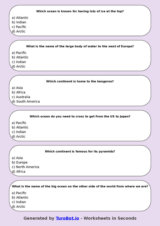 Year 4 Geography Multiple Choice Worksheet – Continents and Oceans