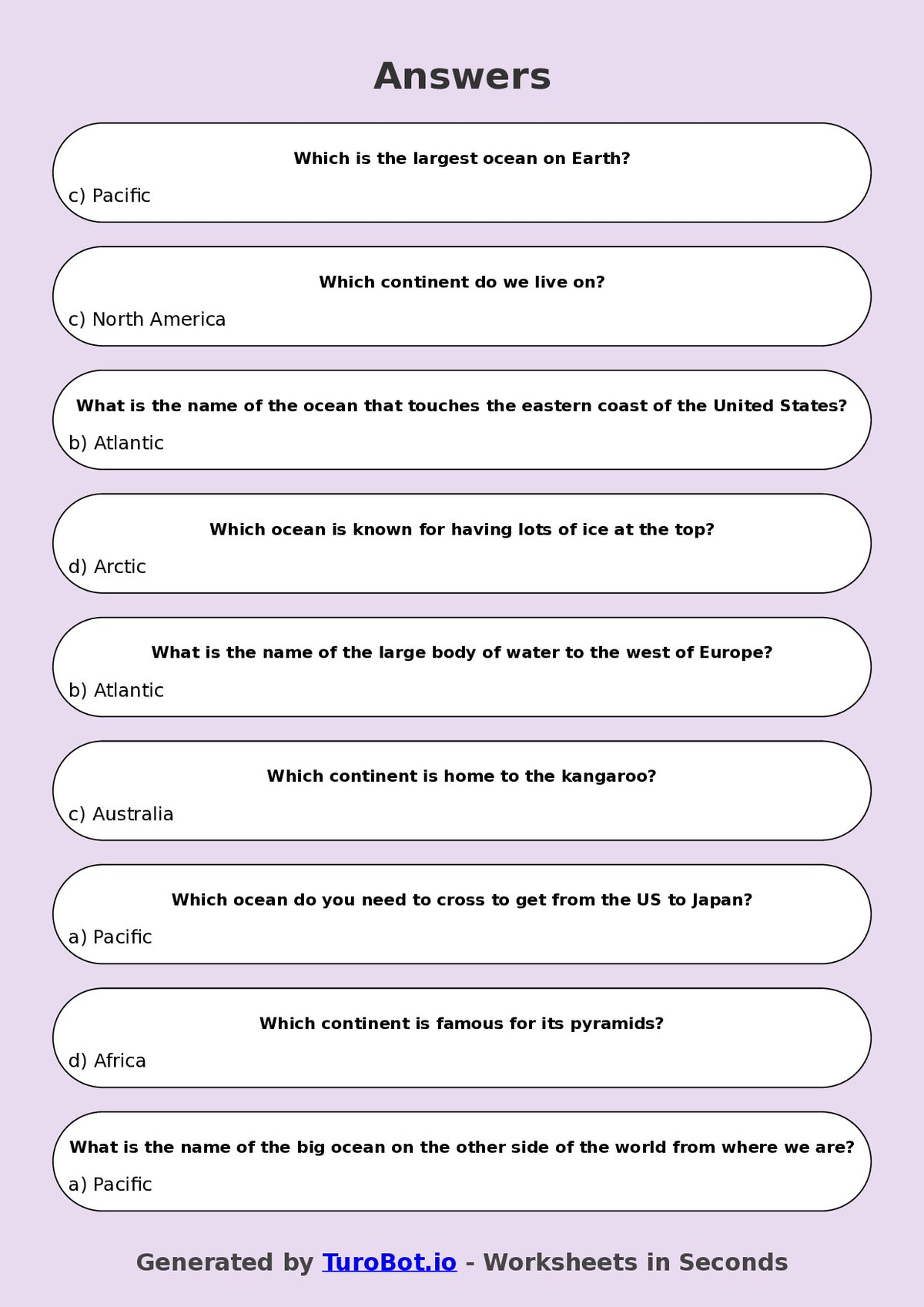 Year 4 Geography Multiple Choice Worksheet – Continents and Oceans