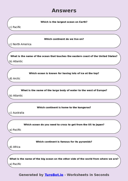 Year 4 Geography Multiple Choice Worksheet – Continents and Oceans