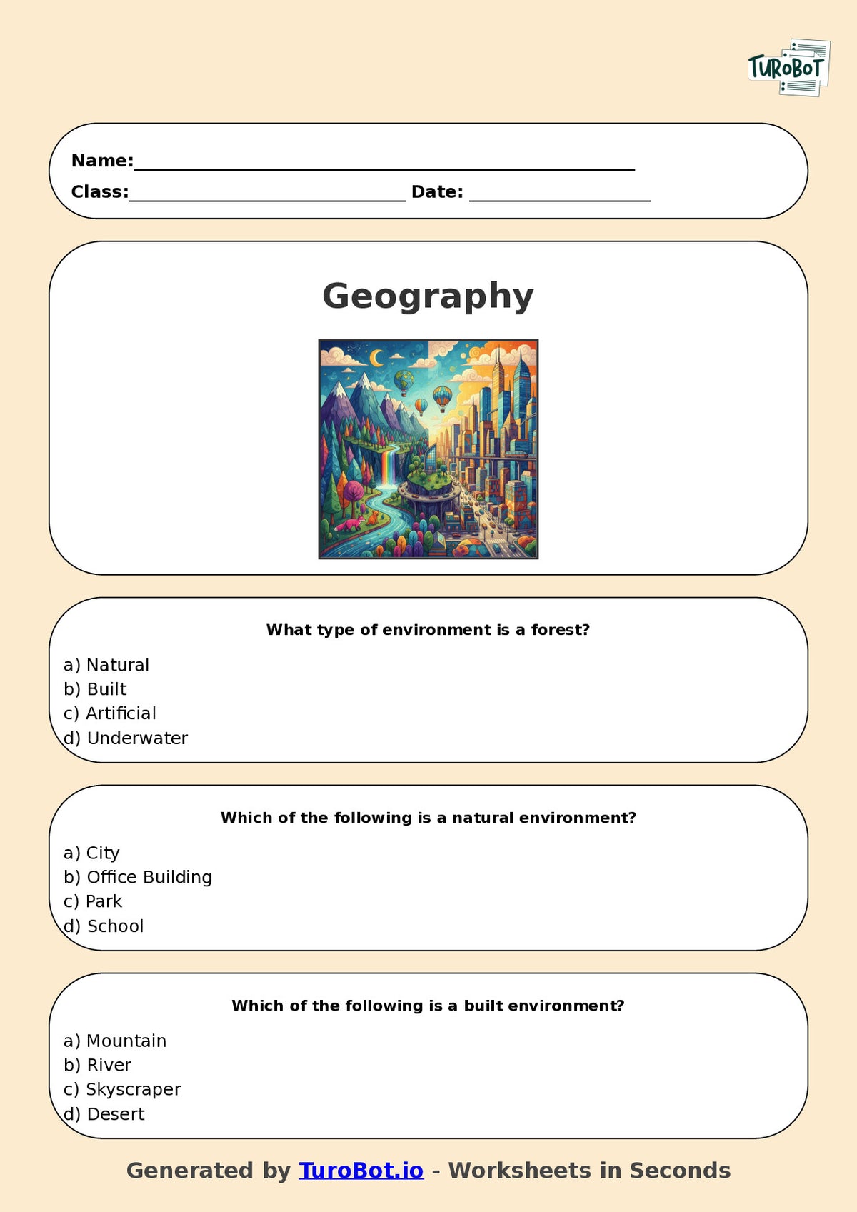 Year 4 Geography Multiple Choice Worksheet – Natural and Built Environments
