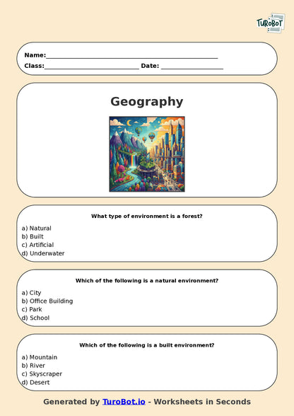 Year 4 Geography Multiple Choice Worksheet – Natural and Built Environments
