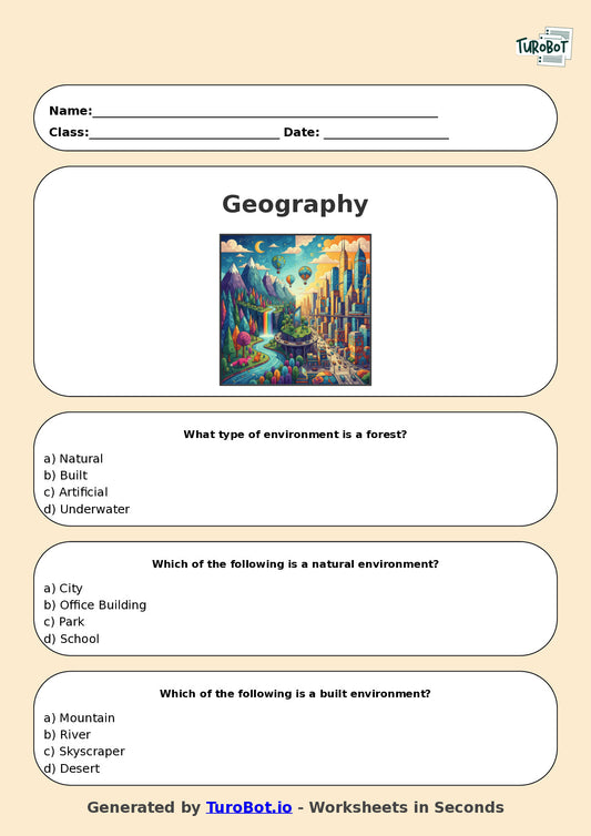 Year 4 Geography Multiple Choice Worksheet – Natural and Built Environments
