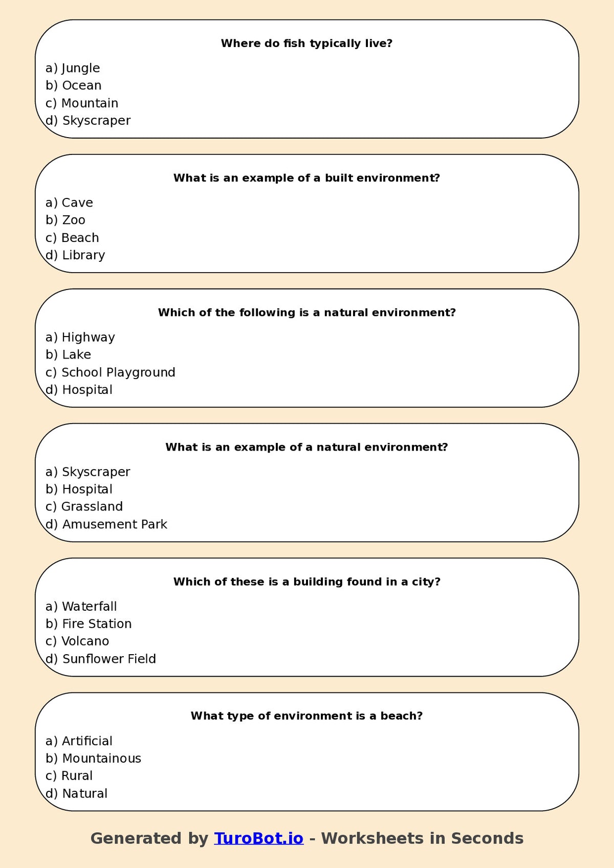 Year 4 Geography Multiple Choice Worksheet – Natural and Built Environments