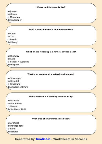 Year 4 Geography Multiple Choice Worksheet – Natural and Built Environments
