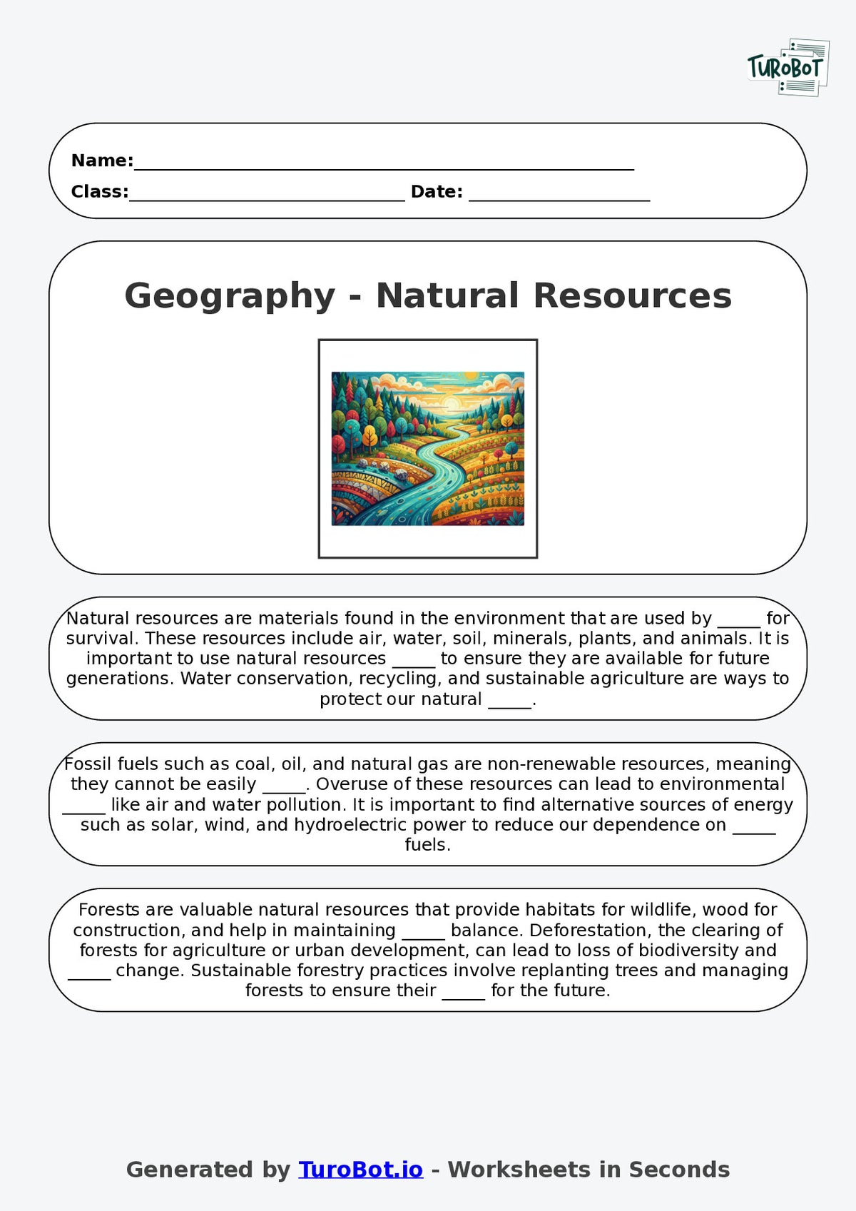 Year 5 Geography Fill in the Blanks Worksheet – Natural Resources