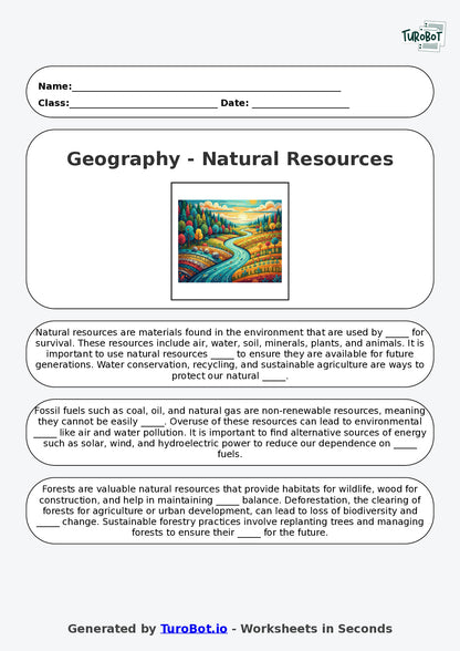 Year 5 Geography Fill in the Blanks Worksheet – Natural Resources