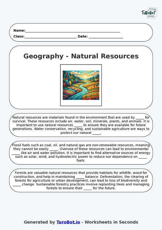 Year 5 Geography Fill in the Blanks Worksheet – Natural Resources