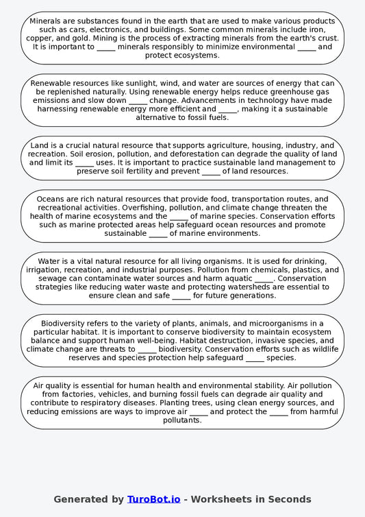 Year 5 Geography Fill in the Blanks Worksheet – Natural Resources
