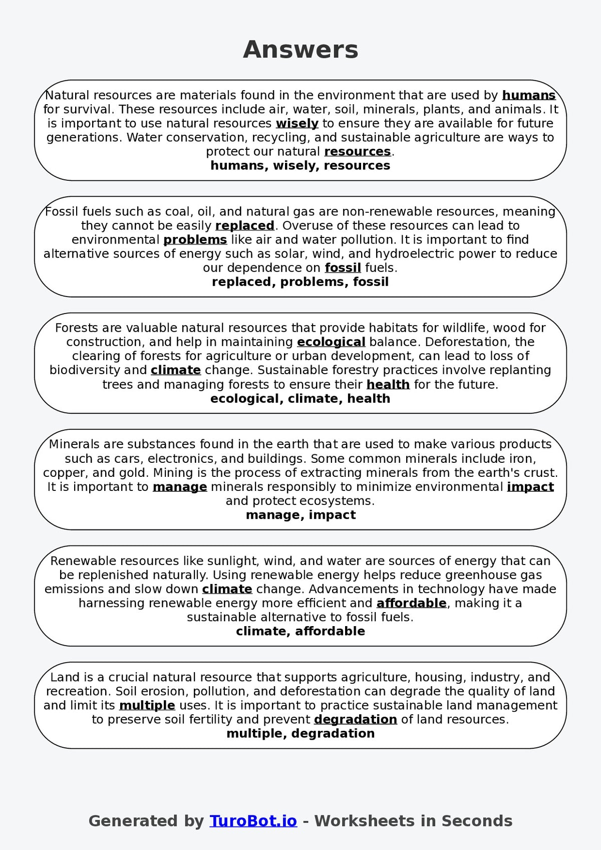 Year 5 Geography Fill in the Blanks Worksheet – Natural Resources