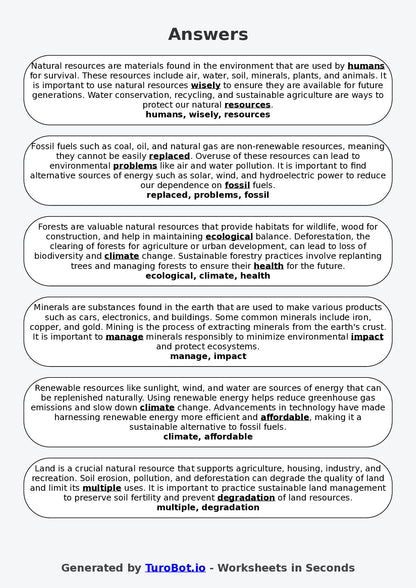 Year 5 Geography Fill in the Blanks Worksheet – Natural Resources
