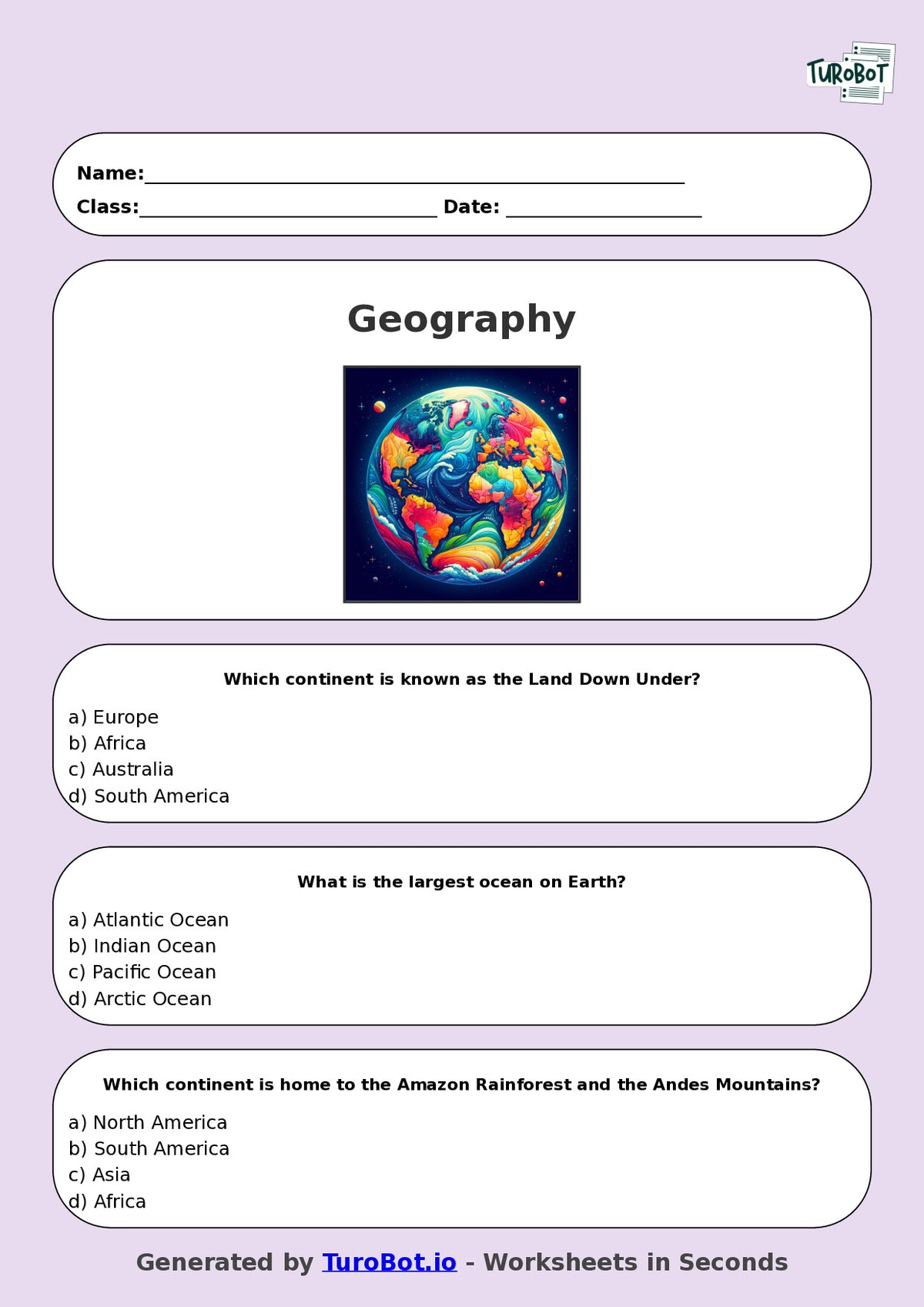 Year 5 Geography Multiple Choice Worksheet – Continents & Oceans