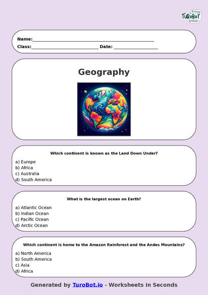 Year 5 Geography Multiple Choice Worksheet – Continents & Oceans