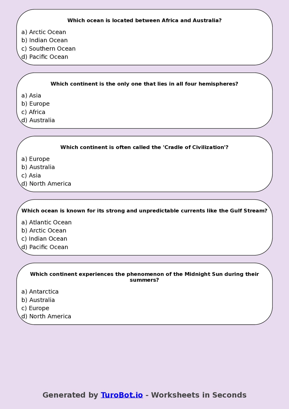 Year 5 Geography Multiple Choice Worksheet – Continents & Oceans