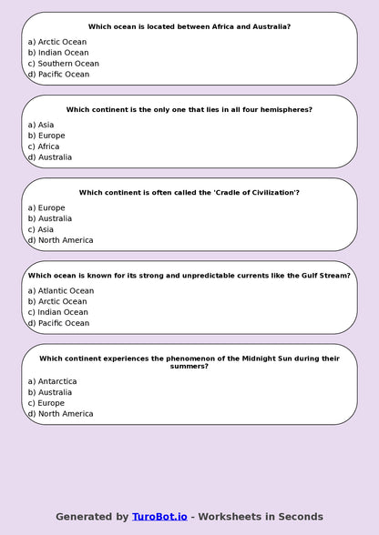 Year 5 Geography Multiple Choice Worksheet – Continents & Oceans