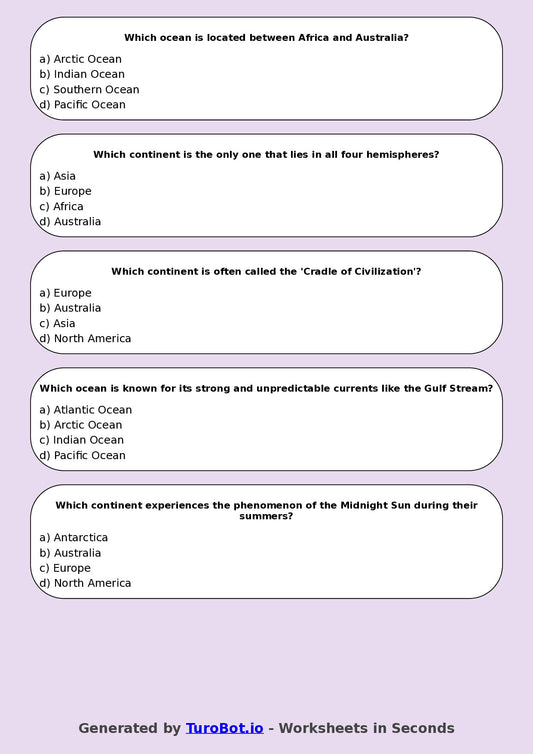 Year 5 Geography Multiple Choice Worksheet – Continents & Oceans