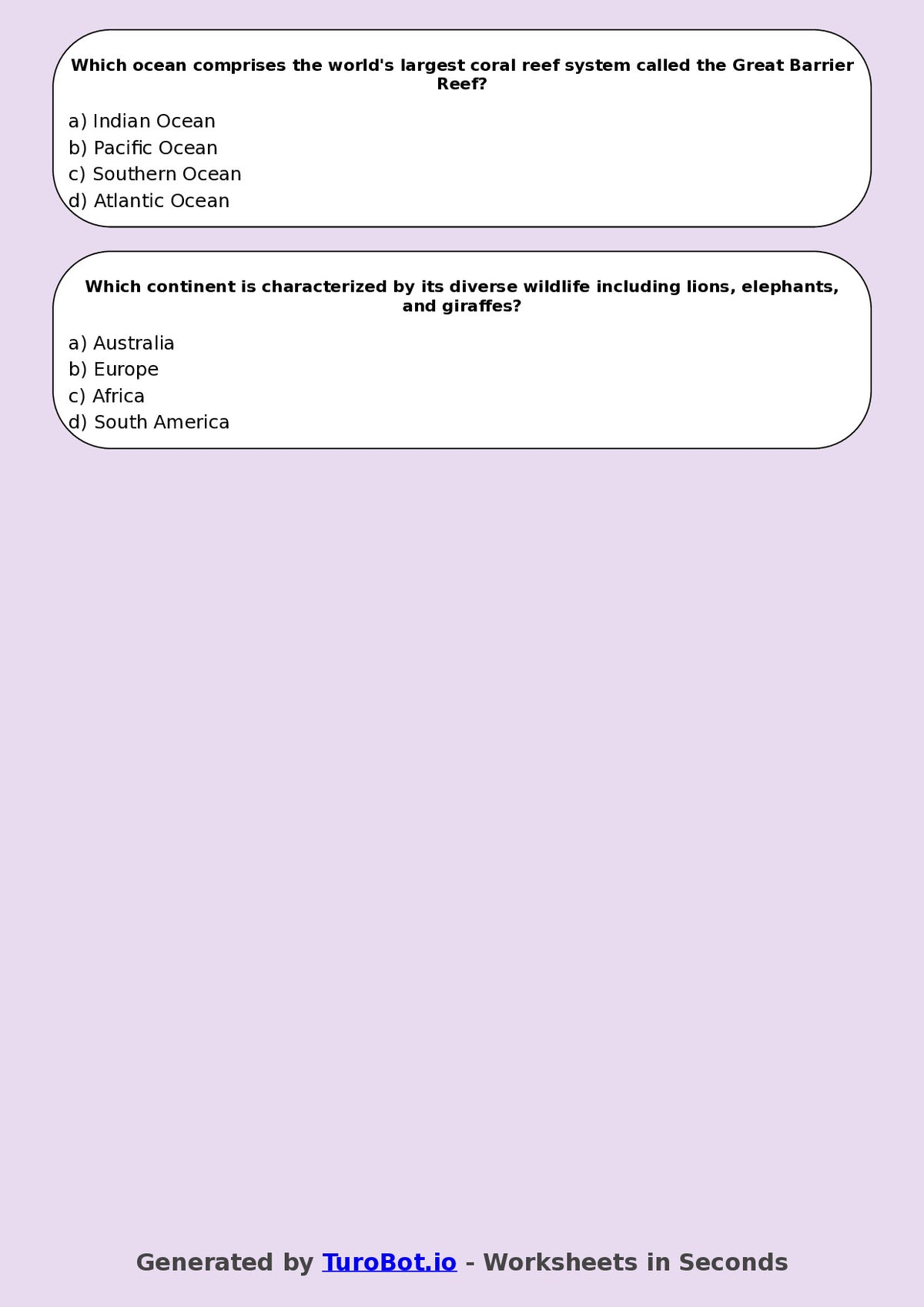 Year 5 Geography Multiple Choice Worksheet – Continents & Oceans