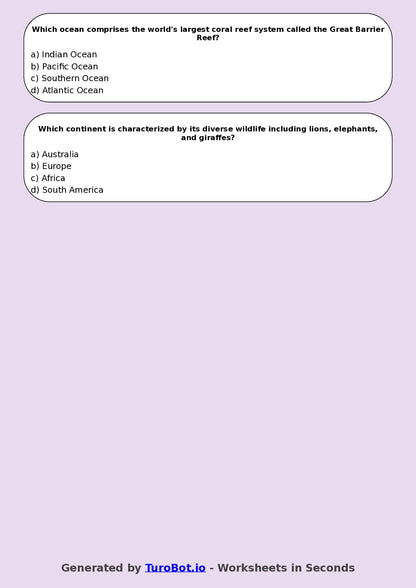 Year 5 Geography Multiple Choice Worksheet – Continents & Oceans