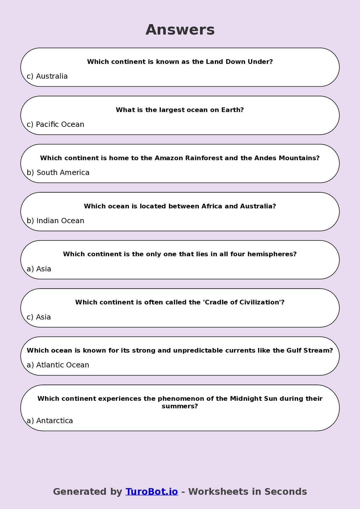Year 5 Geography Multiple Choice Worksheet – Continents & Oceans