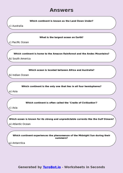 Year 5 Geography Multiple Choice Worksheet – Continents & Oceans