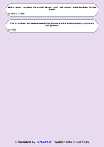 Year 5 Geography Multiple Choice Worksheet – Continents & Oceans