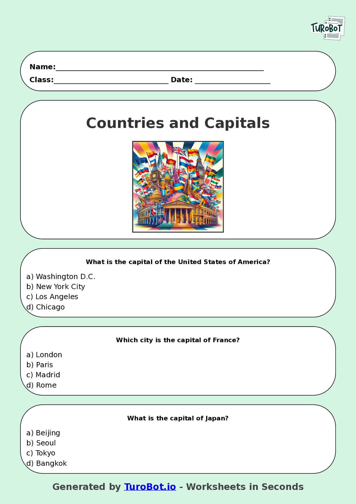 Year 5 Geography Multiple Choice Worksheet – Countries and Capitals