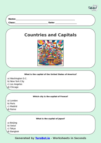 Year 5 Geography Multiple Choice Worksheet – Countries and Capitals