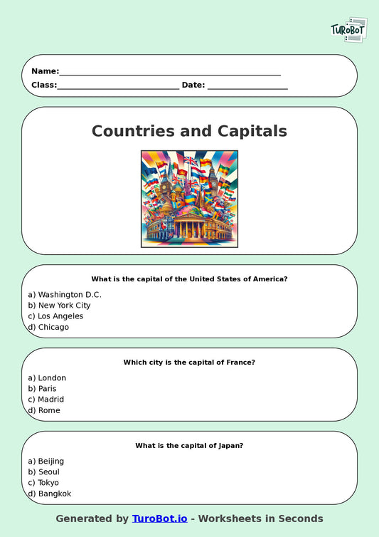 Year 5 Geography Multiple Choice Worksheet – Countries and Capitals