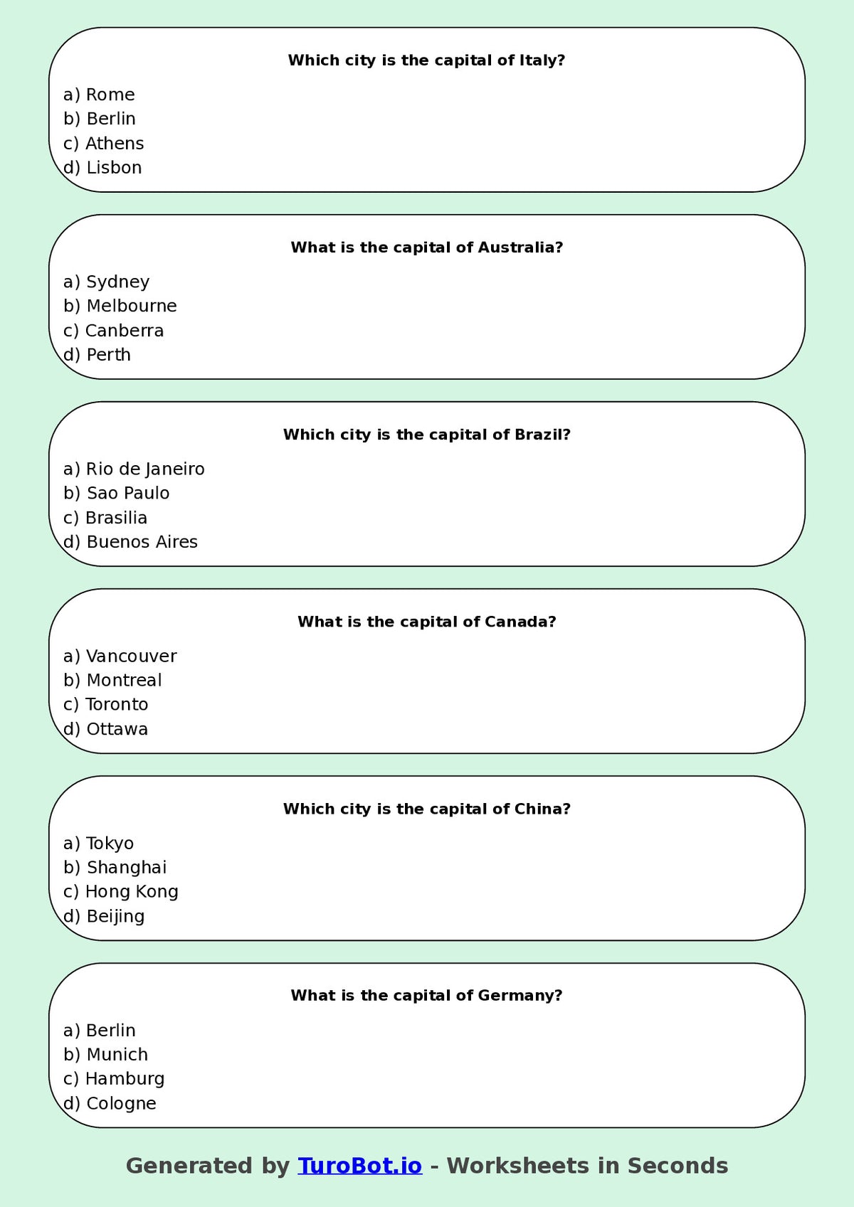 Year 5 Geography Multiple Choice Worksheet – Countries and Capitals