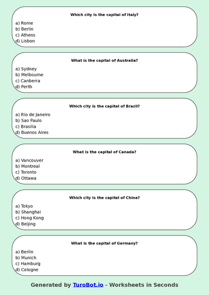 Year 5 Geography Multiple Choice Worksheet – Countries and Capitals