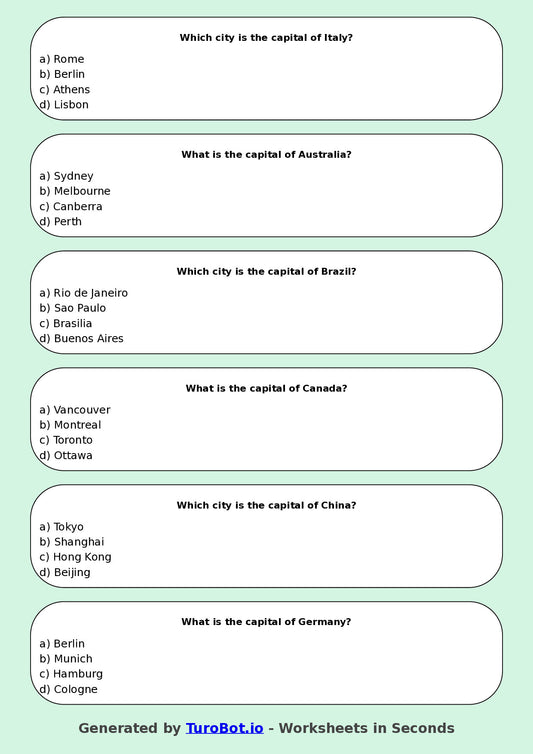 Year 5 Geography Multiple Choice Worksheet – Countries and Capitals
