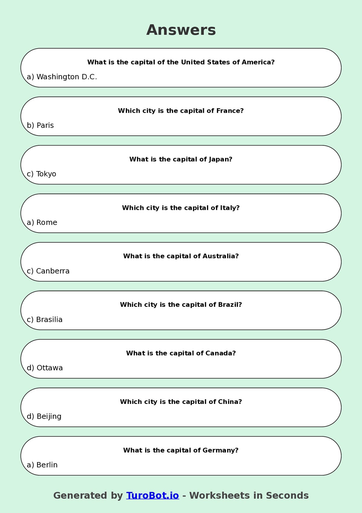 Year 5 Geography Multiple Choice Worksheet – Countries and Capitals