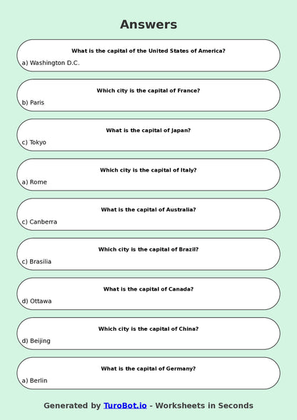 Year 5 Geography Multiple Choice Worksheet – Countries and Capitals