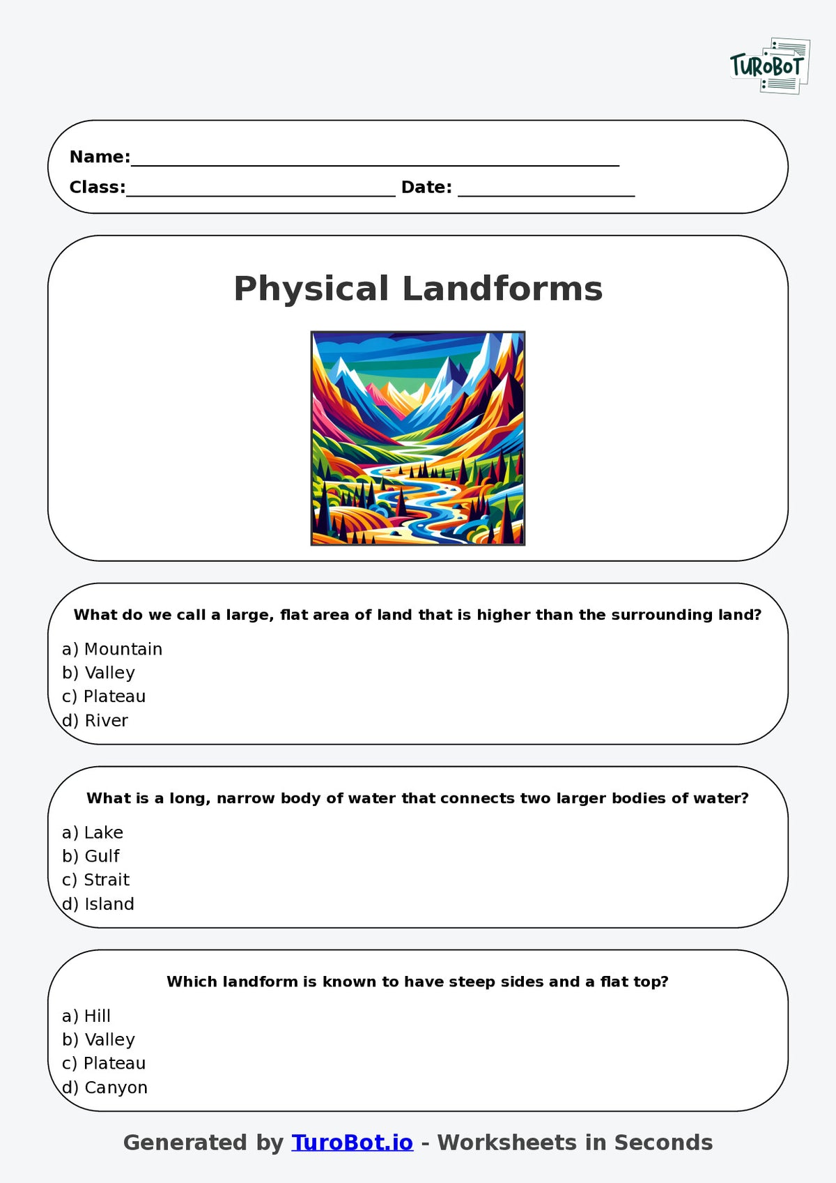 Year 5 Geography Multiple Choice Worksheet – Physical Landforms