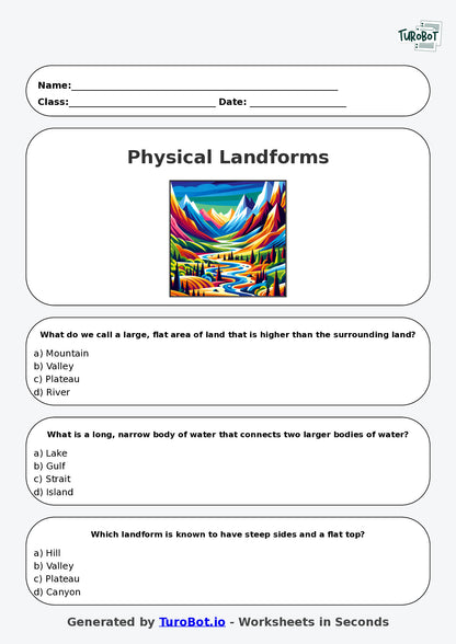 Year 5 Geography Multiple Choice Worksheet – Physical Landforms