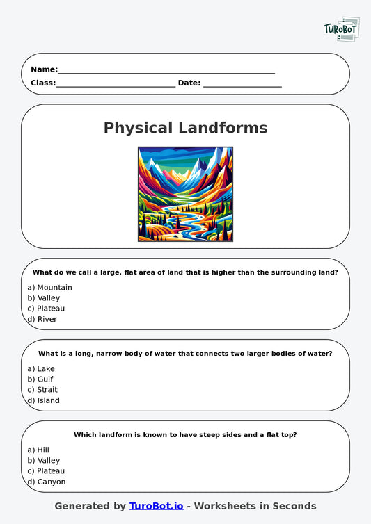 Year 5 Geography Multiple Choice Worksheet – Physical Landforms