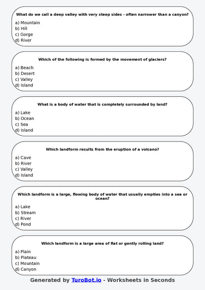 Year 5 Geography Multiple Choice Worksheet – Physical Landforms
