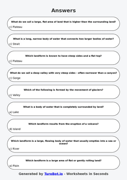 Year 5 Geography Multiple Choice Worksheet – Physical Landforms